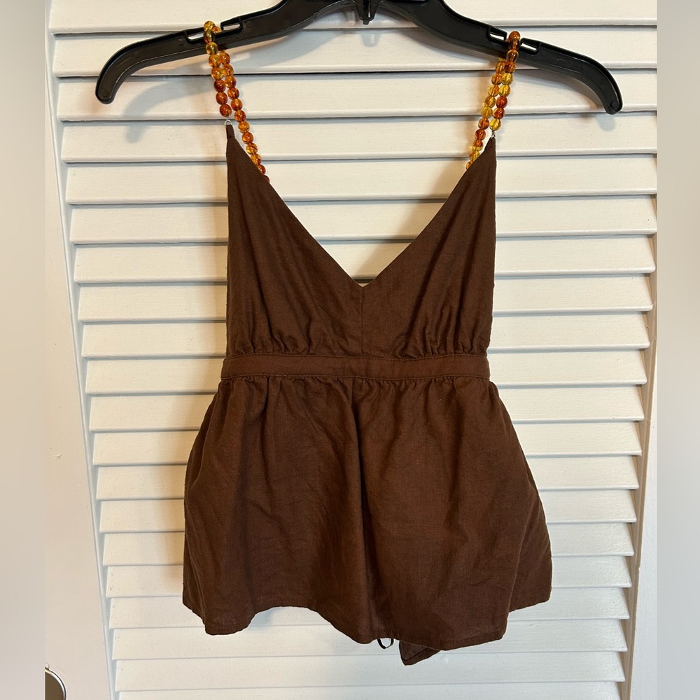 Brown Sleeveless Top with Beaded Straps